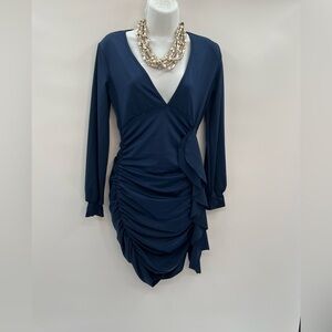 Dresses Dark Blue L Overlap Collar Ruched Draped Side Dress - NWOT (Size Small)